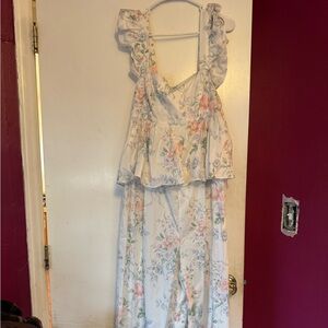 XL Mrs. Darcy Jumpsuit from Selkie; Pastel Flowers on White